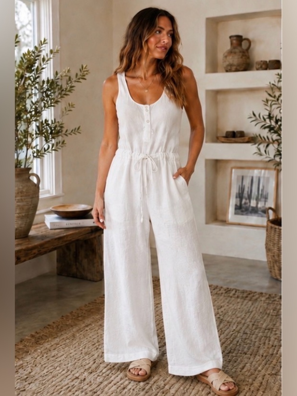 cloth & stone 100% Linen White Sleeveless Wide-Leg Linen-Blend Jumpsuit